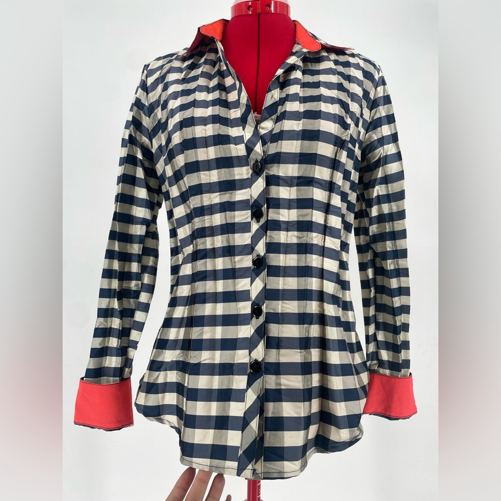 Beluva San Fransisco Navy & White Gingham Crinkle Blouse W Contrast Trim